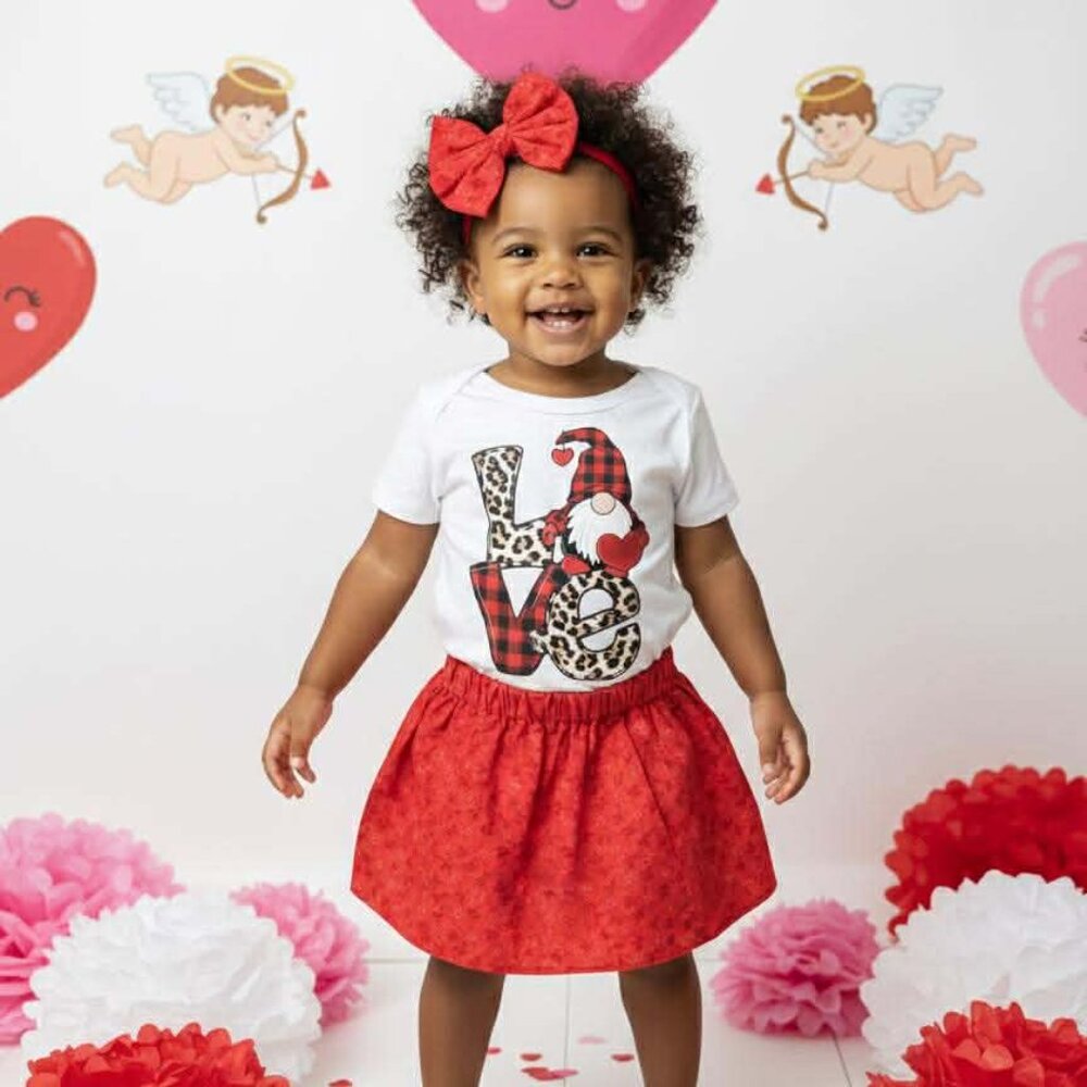 Girl's Handmade Red Floral Print Valentine's Day Outfit